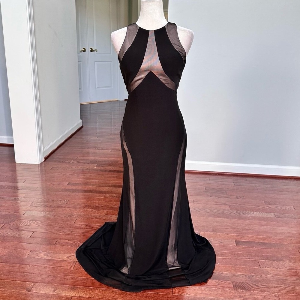 NIGHTWAY Black Tan Cutout Open Back Sexy Sheer Pannel Bodycon Gown Dress Size 8